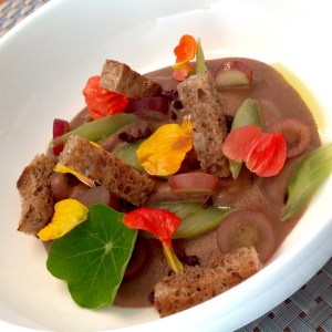 Caramelized Sunchoke Purée, Cacao Nibs, Grapes, Whole Wheat Croutons