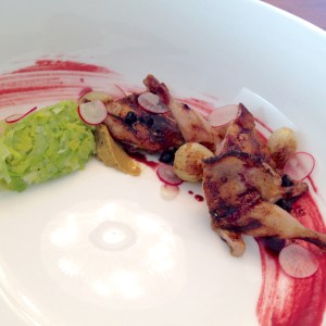 Grilled Quail, Huckleberry, Braised Leek, Pearl Onions, Radishes, Pistachio Butter, Cassis Mustard