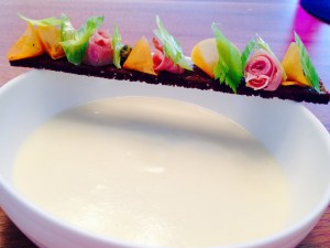 Celeriac Velouté, Celery Branch, Ham, Gluten Free Toast, Pistachio, Persimmon