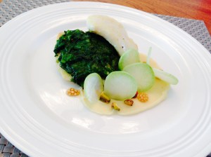 Blue Nose Bass, Pistachio, Charred Scallion Vinaigrette