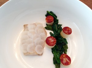 Striped Bass, Clam Broth (not on photo, it was poured afterwards, my photo did not look nice enough to post), Daikon, Smoked Portuguese Sausage, Chinese Water Spinach, Pesto