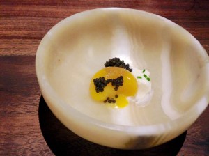 California Sturgeon Caviar: egg yolk poached in smoked oil, creme fraiche, chive - one of Coi's signatures after my first bite