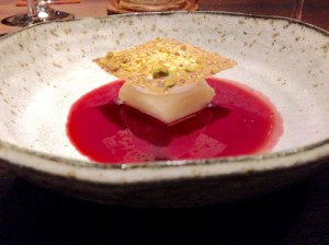 Vanilla-Poached Pear: raspberry-red wine, soft black pepper meringue, pistachio