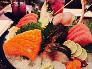 A sashimi platter: chu-toro, saba, aji, steal salmon.