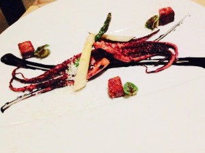 Sous Vide Baby Octupus: baby octopus, green & white asparagus salad, crispy chorizo, cumin red chile watercress Bernaise, almond snow.