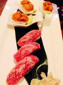 A-5 wagyu and Uni sushi.