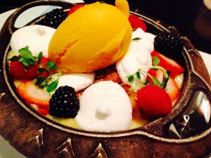 Fruit Toban Yaki: Seasonal Fruit, Passion Fruit Sauce, Mango Sorbet, Marshmallows
