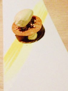 El Milojas Español: puff pastry, apples, manchego cheesecake, candied chestnut, safron creme anglaise, Pedro Ximenez ice cream.