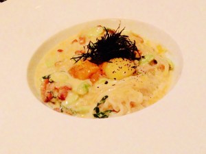 Uni Carbonara: inaniwa noodles, bacon, quail egg.