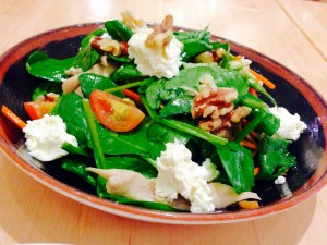 Rotisserie Chicken Salad: walnuts, baby spinach, green apple, cider vinegar, Sweet Grass Dairy fresh cheese.